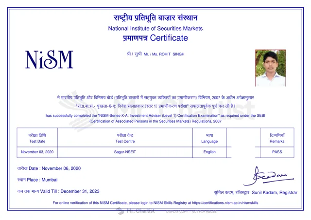 Watermarked, redacted NISM Series X-A certificate, 2020