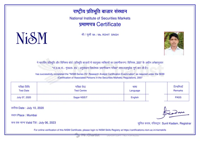 Watermarked, redacted NISM Series XV certificate, 2020