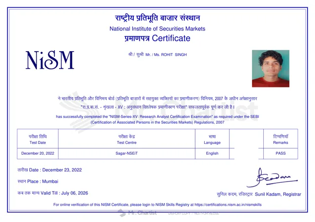 Watermarked, redacted NISM Series XV certificate, 2022