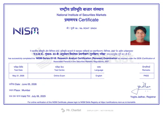 Watermarked, redacted NISM Series XV-B certificate, 2026