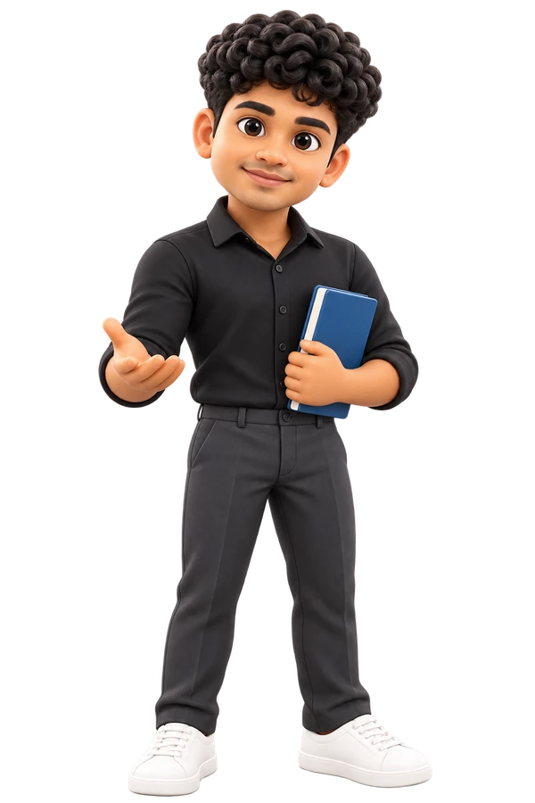 Full-length stylised Mr. Chartist learning character, with curly hair, a black shirt and a sapphire notebook