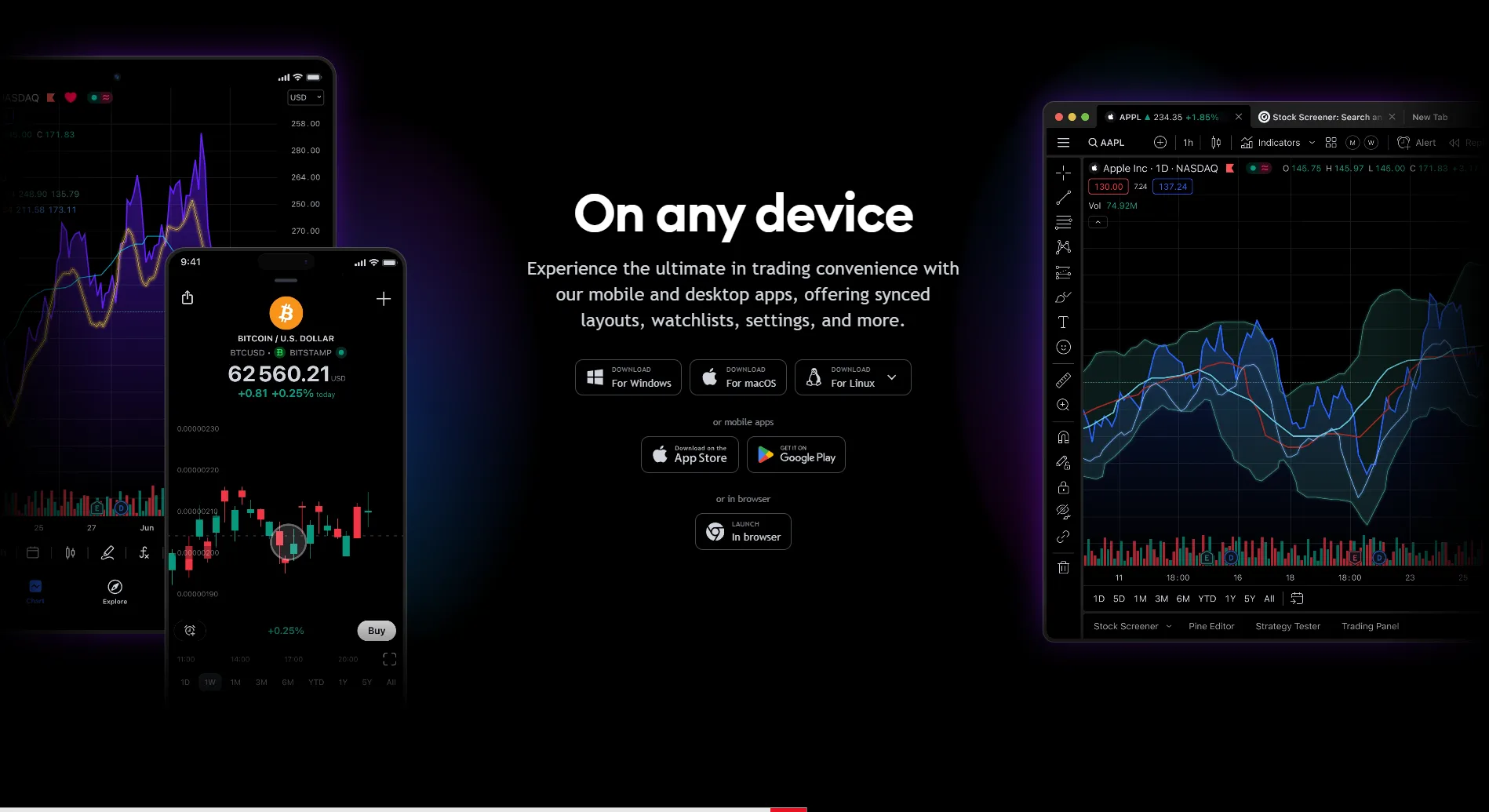 TradingView runs natively on Desktop, Web, and Mobile — your workspace syncs across all.