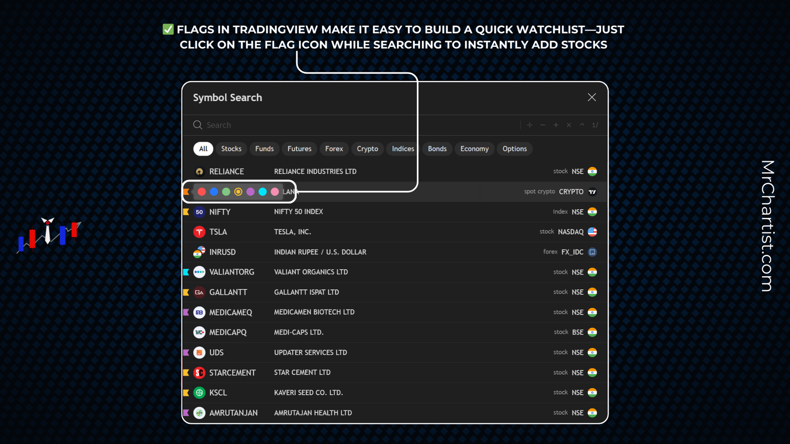 TradingView symbol search showing flags and color tags for building a quick watchlist with one click.